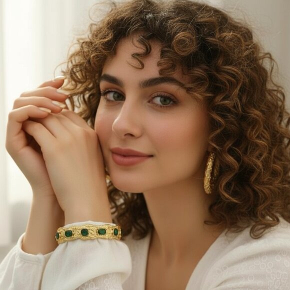 Vintage-Inspired Gold Cuff Bracelet | Green Zirconia Gems | 18K Gold Plated - Picture 3 of 12